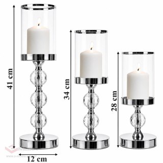 Świecznik Świeczniki Szklane Metalowe Srebrne Lampion Glamour Zestaw 3 szt