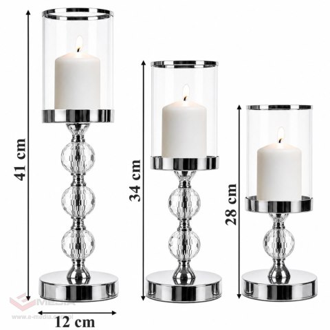 Świecznik Świeczniki Szklane Metalowe Srebrne Lampion Glamour Zestaw 3 szt