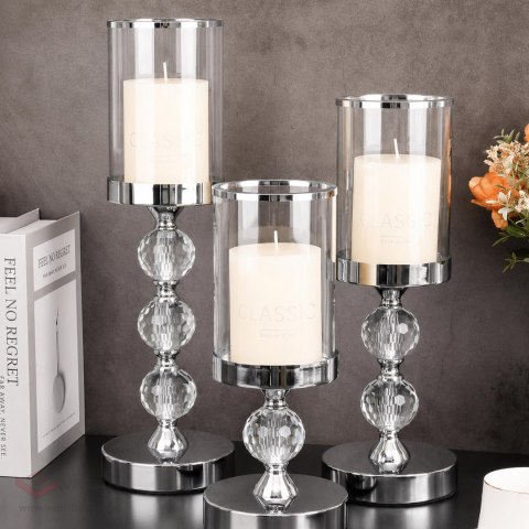 Świecznik Świeczniki Szklane Metalowe Srebrne Lampion Glamour Zestaw 3 szt
