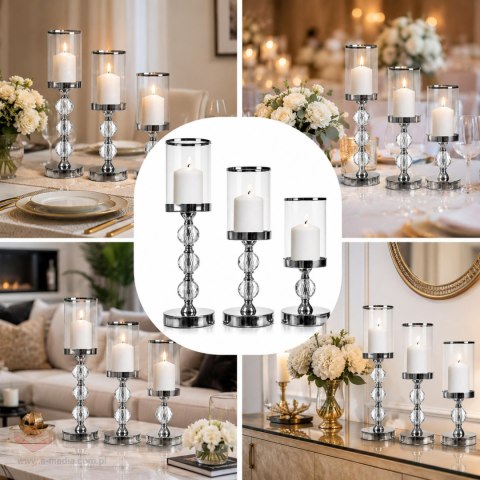 Świecznik Świeczniki Szklane Metalowe Srebrne Lampion Glamour Zestaw 3 szt