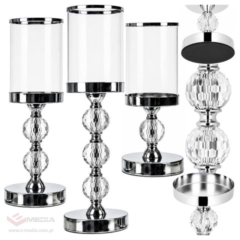 Świecznik Świeczniki Szklane Metalowe Srebrne Lampion Glamour Zestaw 3 szt