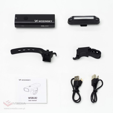 Zestaw lampek rowerowych Wozinsky WSBLB2 przednia (400 lm) USB-C i tylna USB micro - czarny