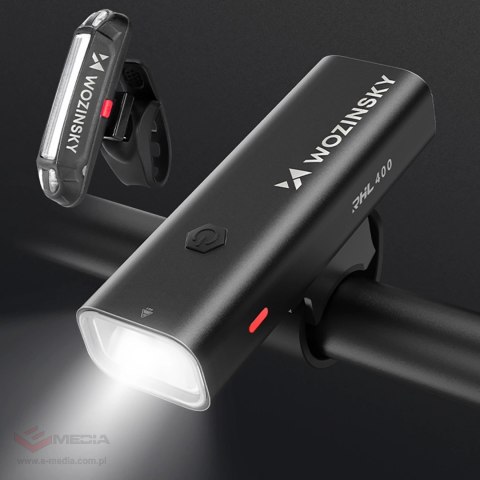 Zestaw lampek rowerowych Wozinsky WSBLB2 przednia (400 lm) USB-C i tylna USB micro - czarny