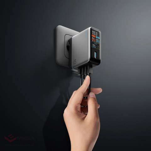 Ładowarka sieciowa Cuktech AD1204U 120 W z wyświetlaczem i kablem USB-C - srebrna
