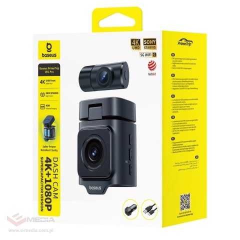 Wideorejestrator Baseus PrimeTrip VD1 Pro kamera samochodowa 4K z kamerą tylną 1080p i zestawem zasilania - czarny