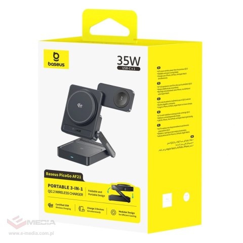 Ładowarka bezprzewodowa Baseus PicoGo AF21 3w1 Qi2.2 35W z kablem USB-C 1m - czarna