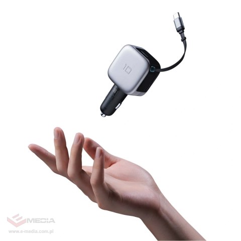 Ładowarka samochodowa Cuktech CC903P 100 W z wyświetlaczem i zwijanym kablem USB-C 70 cm - szara