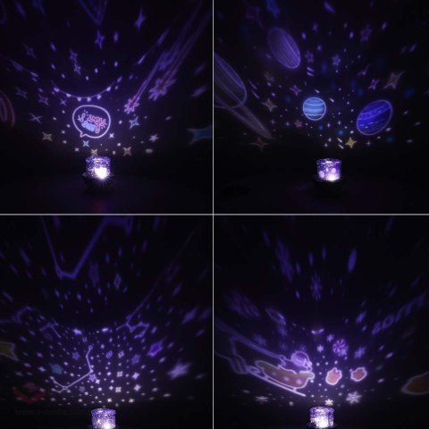 Lampka nocna projektor gwiazd LED USB obrotowy 6 motywów pilot jelonek