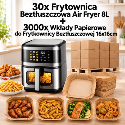 30x Frytkownica Beztłuszczowa Air Fryer 8L + 3000x Wkłady Papierowe do Frytkownicy Beztłuszczowej 16x16cm 36g 100szt.