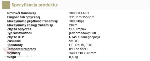 FIBERTECHNIC Gigabit Media Konwerter WDM SM TX1310/RX1550nm SC 20km