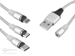 Kabel USB MAGNETYCZNY 1,2m, 360, 3w1, micro - USB-C - iPhone, srebrny