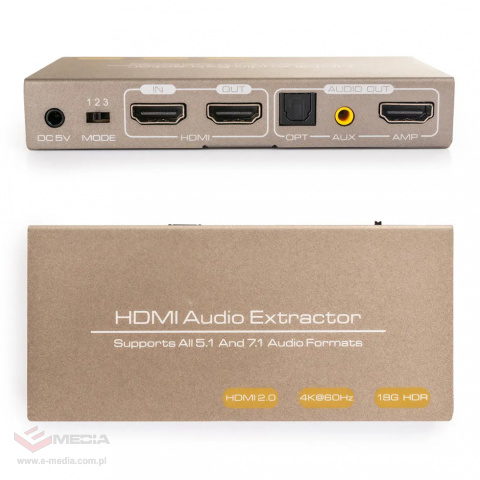 Rozgałęźnik HDMI na HDMI 2.0 + Audio 7.1 SPDIF, coaxial, AUX 4Kx2K@60Hz Spacetronik SPH-AE10