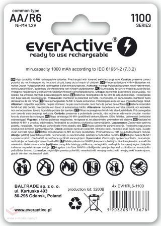 Rechargeable AA / R6 everActive Ni-MH 1100 mAh ready to use batteries - 4 pieces