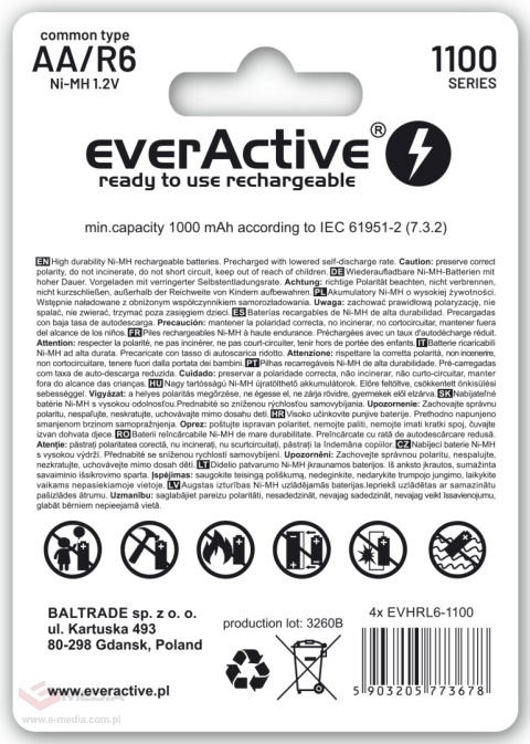 Wiederaufladbare AA / R6 everActive Ni-MH 1100 mAh gebrauchsfertige Batterien - 4 Stück