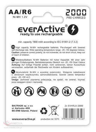 Rechargeable AA / R6 everActive Ni-MH 2000 mAh ready to use batteries - 2 pieces
