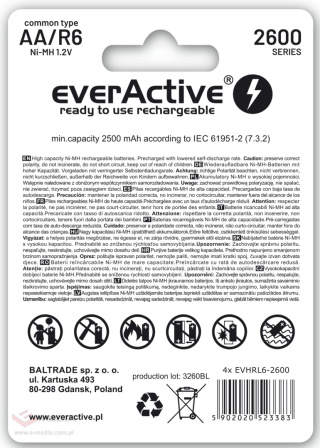 Rechargeable AA / R6 everActive Ni-MH 2600 mAh ready to use batteries - 4 pieces
