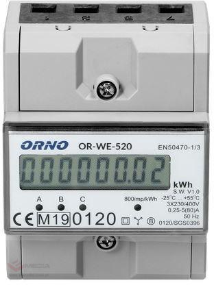 OR-WE-520 ORNO 3-fazowy licznik energii elektrycznej, 80A, MID, 3 moduły, DIN TH-35mm