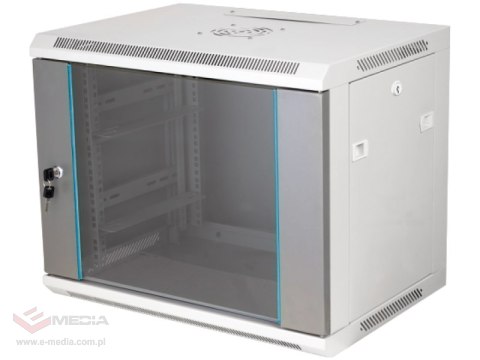 Szafka rack wisząca 19" 12U 600x450, niedzielona, drzwi szklane jednoskrzydłowe, tył osłona pełna, osłony boczne zamykane na klu