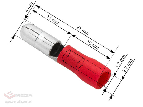 Konektor izolowany wtyk 4,0/21mm czerwony 100 szt.