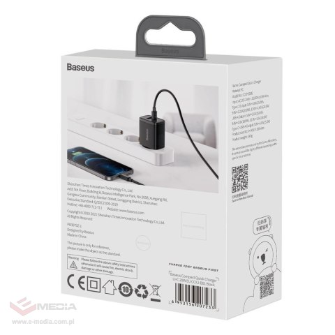 Baseus Compact szybka ładowarka sieciowa USB / USB Typ C 20W 3A Power Delivery Quick Charge 3.0 czarny (CCXJ-B01)