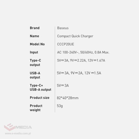 Baseus Compact szybka ładowarka sieciowa USB / USB Typ C 20W 3A Power Delivery Quick Charge 3.0 czarny (CCXJ-B01)