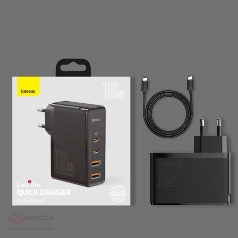 Baseus GaN2 Pro szybka ładowarka sieciowa 100W USB / USB Typ C Quick Charge 4+ Power Delivery czarny (CCGAN2P-L01)