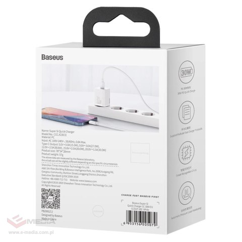 Baseus Super Si 1C szybka ładowarka USB Typ C 30W Power Delivery Quick Charge biały (CCSUP-J02)