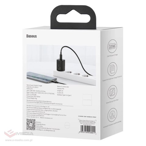Baseus Super Si szybka ładowarka sieciowa Quick Charge 3.0 Power Delivery 25W 3A + Kabel USB Typ C - USB Typ C 3A 1m czarny (TZC