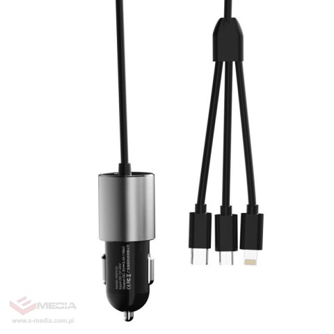 Dudao 3w1 ładowarka samochodowa USB 3,4 A wbudowany kabel Lightning / USB Typ C / micro USB czarny (R5ProN black)