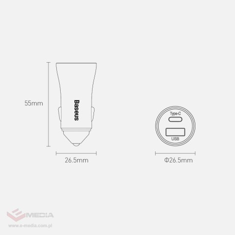 Ładowarka Baseus Golden Contactor Pro do samochodu USB-C / USB-A 40W PD QC 4+ SCP FCP AFC + kabel - szara