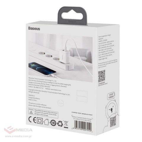 Szybka ładowarka sieciowa USB-A / USB-C Baseus Compact CCXJ-B02 20W 3A PD QC 3.0 - biała