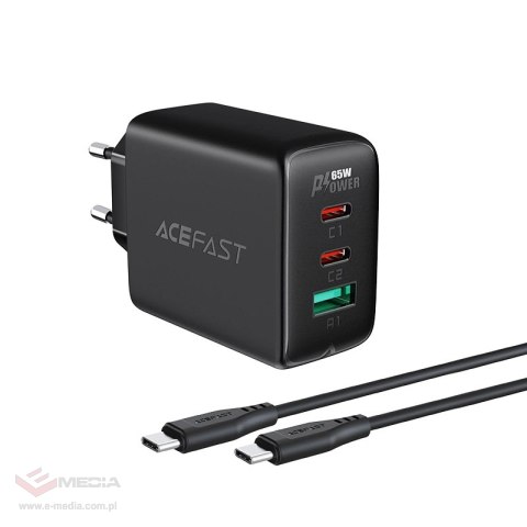 Acefast 2w1 ładowarka sieciowa 2x USB-C / USB-A 65W, PD, QC 3.0, AFC, FCP (zestaw z kablem USB-C 1.2m) czarny (A13 black)