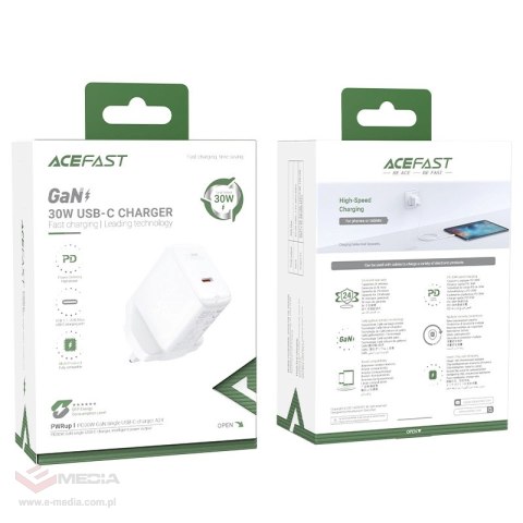 Acefast ładowarka sieciowa GaN (wtyczka UK) USB Typ C 30W, Power Delivery, PPS, Q3 3.0, AFC, FCP biały (A24 UK white)