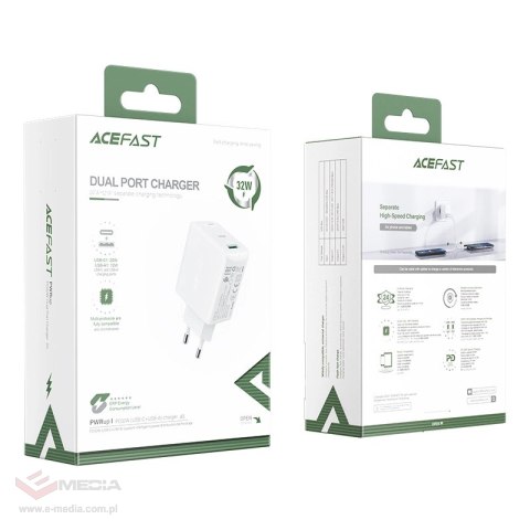 Acefast ładowarka sieciowa USB Typ C / USB 32W, PPS, PD, QC 3.0, AFC, FCP biały (A5 white)