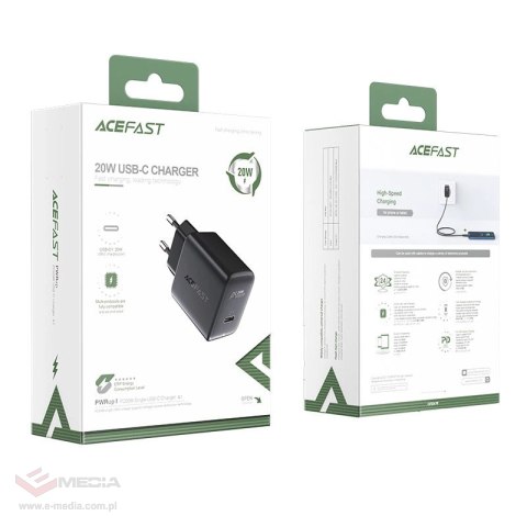 Acefast szybka ładowarka sieciowa USB Typ C 20W Power Delivery czarny (A1 EU black)