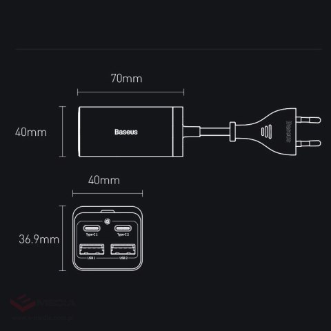 Baseus GaN3 Pro szybka ładowarka sieciowa GaN 2 x USB Typ C / 2 x USB 65W PD, QC4.0+, AFC, PPS + kabel USB Typ C - USB Typ C 1m 