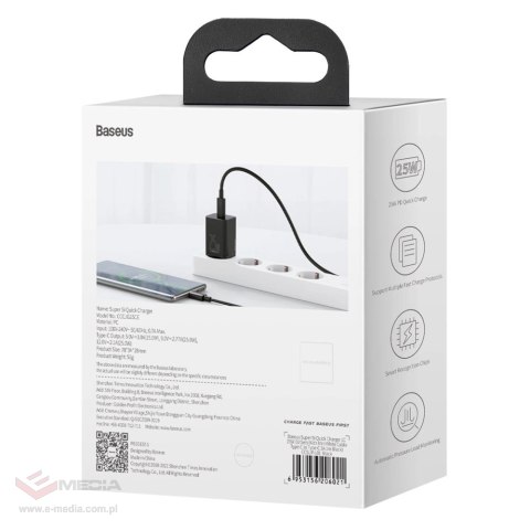 Baseus Super Si 1C szybka ładowarka USB Typ C 25W Power Delivery Quick Charge czarny (CCSP020101)
