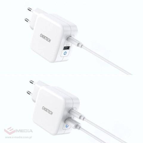 Choetech szybka ładowarka sieciowa GaN USB Typ C PD USB-A QC3.0 65W 3,25A biały (PD8002)