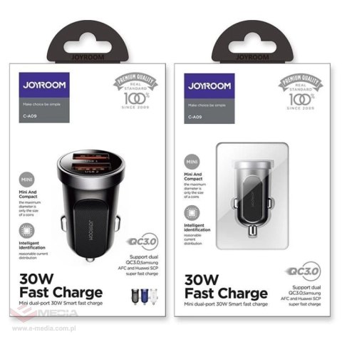 Joyroom C-A09 Mini szybka ładowarka samochodowa 2x USB 30W Quick Charge, SCP, PD, AFC czarny