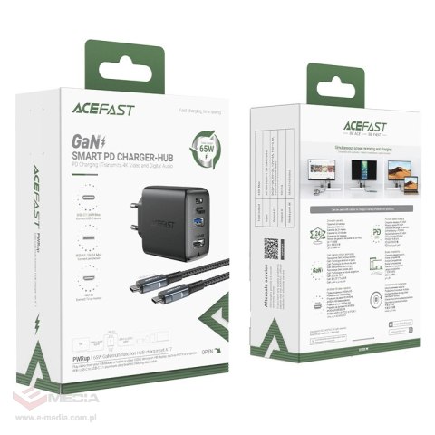 Ładowarka GaN Acefast A17 65W USB-C / USB-A, adapter HDMI 4K 60Hz (zestaw z kablem) - czarna