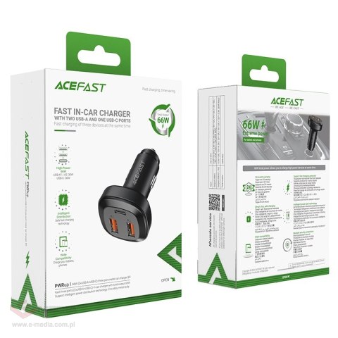 Acefast ładowarka samochodowa 66W 2x USB / USB Typ C, PPS, Power Delivery, Quick Charge 4.0, AFC, FCP, SCP czarny (B9)