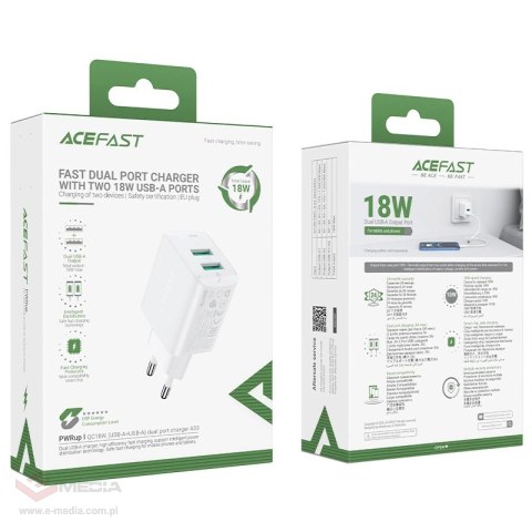 Acefast ładowarka sieciowa 2x USB 18W QC 3.0, AFC, FCP biały (A33 white)
