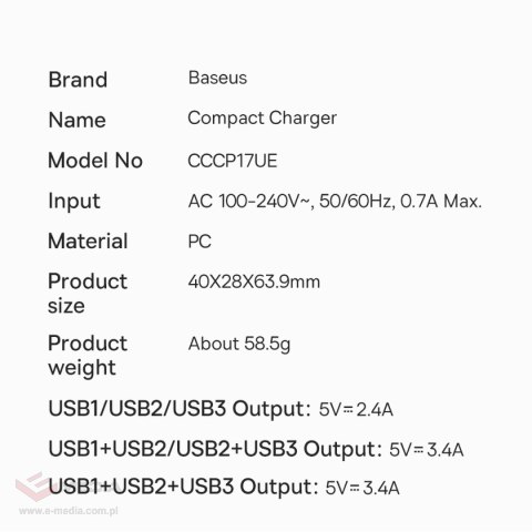 Baseus Compact ładowarka sieciowa 3x USB 17W czarny (CCXJ020101)