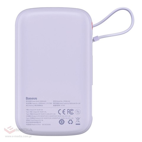 Baseus Qpow powerbank 10000mAh wbudowany kabel USB Typu C 22.5W Quick Charge SCP AFC FCP fioletowy (PPQD020105)