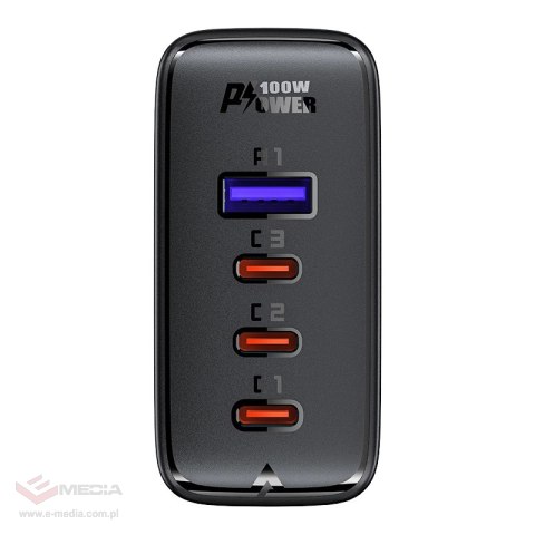 Acefast szybka ładowarka sieciowa GaN 3xUSB-C/1xUSB-A 100W czarna + kabel kątowy USB-C - USB-C 100W 2m czarny