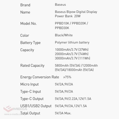 Baseus Bipow powerbank z szybkim ładowaniem 10000mAh 20W czarny (Overseas Edition) + kabel USB-A - Micro USB 0.25m czarny (PPBD0