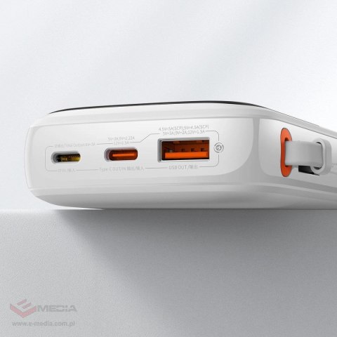 Baseus Qpow Digital Display powerbank z szybkim ładowaniem 10000mAh 22,5W QC/PD/SCP/FCP z wbudowanym kablem USB-C biały