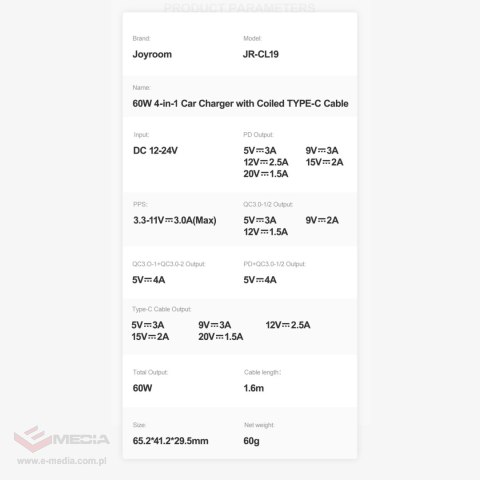 Joyroom szybka ładowarka samochodowa 4 w 1 PD, QC3.0, AFC, FCP z kablem USB Typ C 1,6m 60W czarny (JR-CL19)