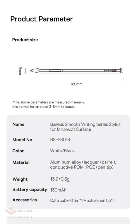 Aktywny rysik stylus do Microsoft Surface MPP 2.0 Baseus Smooth Writing Series - biały