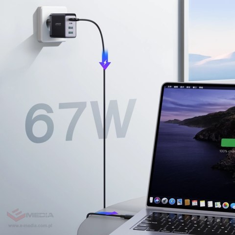 Joyroom ładowarka GaN 67W 4 porty (2x USB, 2x USB C) czarna (TCG02) + kabel USB C - USB C 100W 1.2m